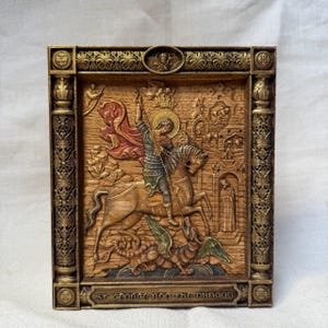 Saint George Wooden Icon – Hand-Carved & Hand-Painted with Gold Accents | Christian Religious Wall Art | 16.5×14×2 cm / 6.5×5.5×0.8 in