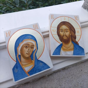 Hand-Painted Orthodox Icon Set: Theotokos & Jesus Christ, Egg Tempera, 15x20 cm