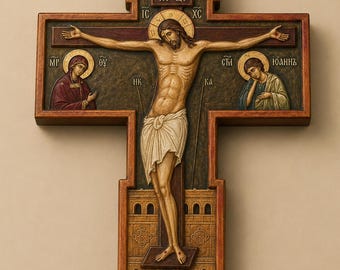 Crucifijo bizantino de madera / Icono de cruz ortodoxa en relieve / Decoración de pared de Jesucristo tallada a mano / Regalo cristiano