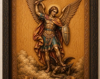 Icono de madera de São Miguel Arcanjo / Alivio del Arcángel Miguel tallado a mano / Arte de pared de protección cristiana