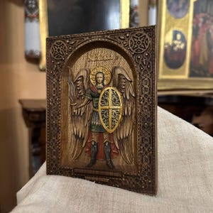 Archangel Michael Wooden Icon – Hand-Painted Christian Wall Art – Religious Home Blessing – 19×14×2.5 cm / 7.5×5.5×1 in