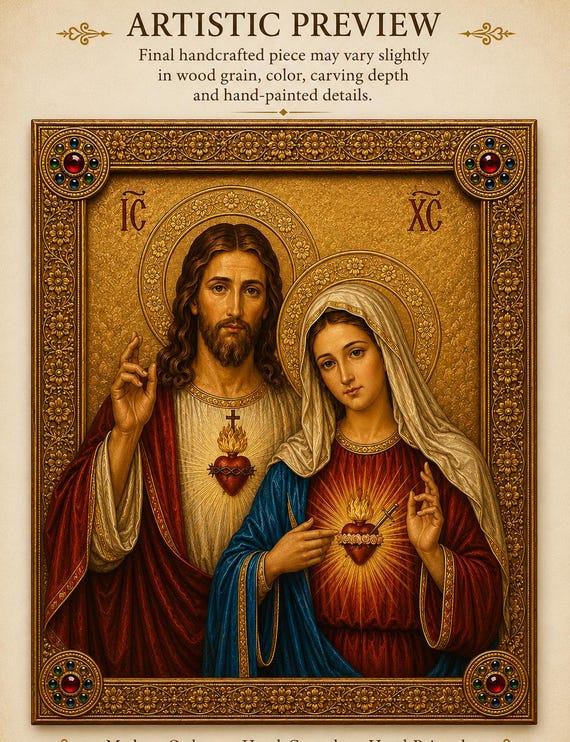 Sacred Hearts of Jesus and Mary Wooden Icon | Hand-Carved Catholic Relief | Sacred Heart & Immaculate Heart Wall Art | Christian Decor