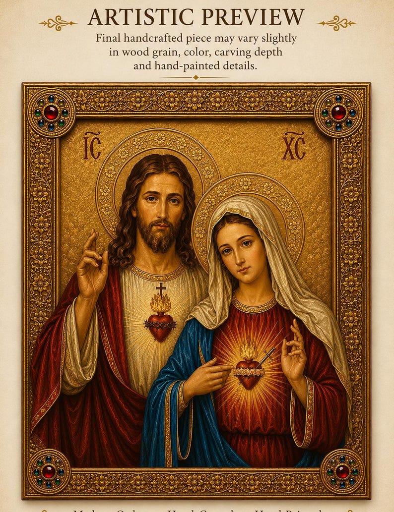 Puede incluir: Una placa de pared rectangular con una ilustraci&oacute;n religiosa de Jes&uacute;s y Mar&iacute;a con corazones sagrados, enmarcada en un marco dorado ornamentado con patrones florales y detalles en las esquinas. El texto ARTISTIC PREVIEW y un aviso son visibles arriba.