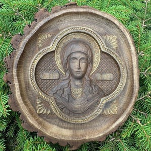 Handcrafted Saint Irene Icon: Oak Wood Slice with Gold Details