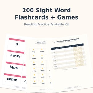 Puede incluir: Un kit de lectura imprimible con 200 tarjetas de palabras visuales y juegos. Las páginas muestran palabras como a, away, blue, come, buy, thank, today, did, over, right, very, its, shall, stop y un rastreador de progreso de lectura.
