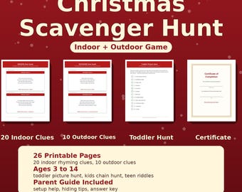 Christmas Scavenger Hunt for Kids, 26 Page Printable Holiday Treasure Hunt Game, Indoor Christmas Activity for Family, Classroom Party Game