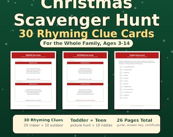 Christmas Scavenger Hunt Game for Kids, 30 Rhyming Clue Cards Printable, Indoor Holiday Treasure Hunt, Christmas Activity Ages 3-14