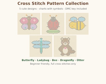 Nature Friends Cross Stitch Pattern Set, Butterfly, Ladybug, Bee, Dragonfly, Otter (PDF)
