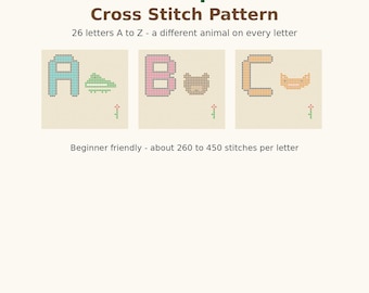Animal Alphabet Cross Stitch Pattern PDF, A-Z Beginner Embroidery Chart, Cute Animals Nursery Sampler, Color Symbol Pattern, DMC Thread Key