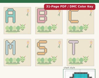 Caterpillar Alphabet Cross Stitch Pattern, A-Z 31 Page Bug Embroidery Chart, Nursery Sampler PDF, DMC Color Key, Instant Download