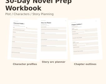 30 Day Novel Writing Prep Workbook | Story Planner, First Time Writers | Plot, Character Sheets