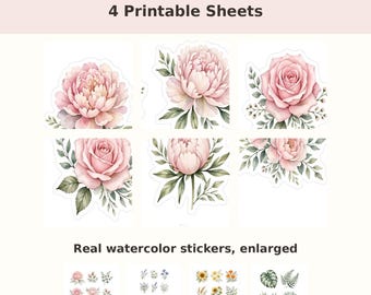 Watercolor Floral Planner Stickers | Botanical Journal Sticker Pack, 4 Sheets Printable