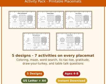 Thanksgiving Kids Table Activity Pack | 5 Printable Placemats with Coloring, Mazes, Word Search