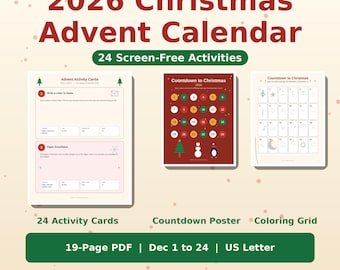 Printable Advent Calendar 2026 for Kids | 24 Christmas Activities | Screen-Free Holiday Countdown Game