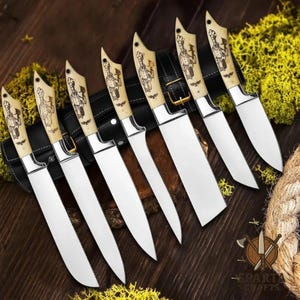 7 Piece Handmade J2 Steel Knives Chef Set, Kitchen knives set, Steel knife set with leather Sheath Custom Beautiful Handle.