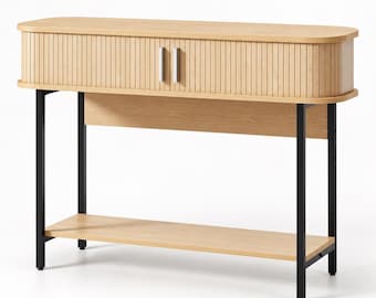 Fluted Entryway Console Table with Sliding Doors, Open Shelf and Natural Finish