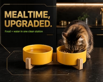 Doppelte Katzenschalen aus Keramik mit Bambusständer | Erhöhter Futter- und Wasserspender | Tiefe Anti-Rutsch-Haustier-Schale | für Katzen,Kätzchen & Kleine Hunde
