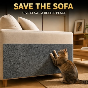 May include: A rectangular dark grey textured cat scratching pad attached to the side of a beige sofa. The text SAVE THE SOFA and GIVE CLAWS A BETTER PLACE is visible at the top. A brown tabby cat is scratching the surface of the grey pad.