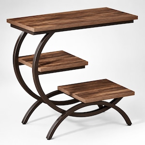 May include: A side table featuring a dark brown metal frame with a curved, crescent-shaped design. It includes three rectangular shelves with a wood grain finish, arranged in a tiered, staggered configuration supported by the metal structure.