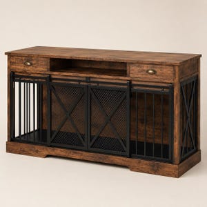 May include: A rectangular wooden console table with a dark brown wood grain finish. It features two top drawers with brass-toned cup pulls, an open center shelf, and two sliding black metal mesh doors with an X-pattern design and vertical bars.