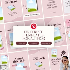 Puede incluir: Una colección de plantillas digitales para redes sociales destinadas a autores, con una paleta de colores rosa suave y varios diseños para la promoción de libros, incluyendo espacios para portadas, texto y reseñas.