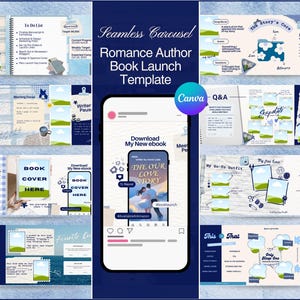 Book Launch Blue Seamless Instagram Carousel Templates: Canva Editable Social Media Posts for Author