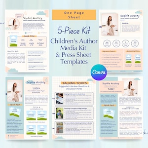 Children's Author Media Kit Template |  5-Piece Kit Blue Orange One Page Canva Book Launch Marketing  | Early Chapter Book Release