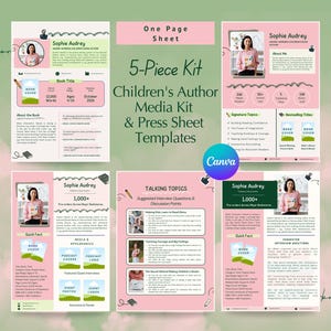 May include: A 5-piece children's author media kit and press sheet template set featuring pink and green layouts. The documents include sections for author bios, book titles, talking topics, interview questions, and media appearance details.