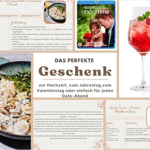 Könnte beinhalten: Eine Collage mit dem Film "About Time" auf Blu-ray, einem Cocktail mit Himbeeren und Minze und einem Pastagericht. Der Text enthält "DAS PERFEKTE Geschenk" und ein Rezept.