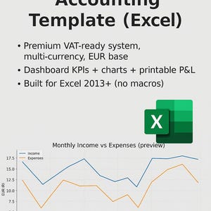 Puede incluir: Plantilla de Excel para contabilidad empresarial de la UE, con un gráfico que muestra los ingresos y gastos mensuales. El texto destaca un sistema listo para el IVA, multidivisa y KPI de panel. El logotipo de Excel es visible.