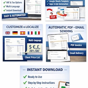 Op de afbeelding: Promotionele afbeelding voor een Google Sheets factureringssysteem. Kenmerken zijn automatische PDF-factuur en e-mailverzender, klantenprijslijst, btw- en belastingopties, meertalige ondersteuning en direct downloaden.