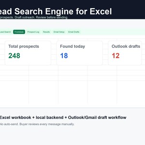 以下が含まれることがあります： Lead Search Engine for Excelというタイトルのソフトウェアインターフェース。Lead Search、Frontdesk、Prospect Log、Results、Email Setup、Email Draftsのタブを備えたダッシュボードが表示されています。Total prospects 248、Found today 18、Outlook drafts 12の指標が示されています。