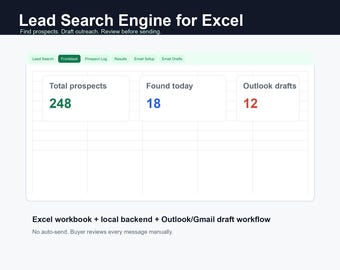 Ferramenta de Busca de Leads em Excel | Localizador de Prospectos, Planilha CRM, Rascunhos de E-mail (Download Digital)