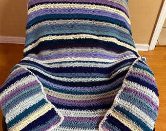 Handmade Striped Crochet Blanket:  Twilight Comfort Throw in Blues • Purples • Cream