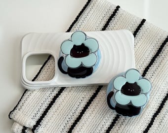 Flower Cat MagSafe Phone Grip|Black Cat Kindle Grip|Kawaii Mint Blue Phone Stand|Cute Kitty Cat Phone Holder|Cute Animal Phone Accessory