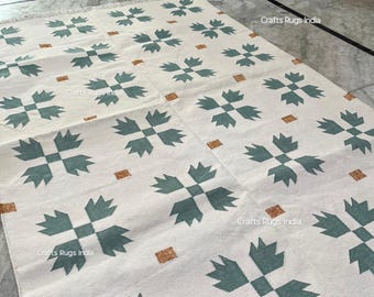 Green Floral Dhurrie Rug 9x12: Handwoven Indian Cotton Flatweave, Green Floral 9x12 Rug, Floral Green 10x14, Livingroom Flatweave Moss Green