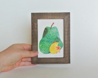Green Pear & Hamster Collage – Cute Yellow Hamster Original Art (L Size)