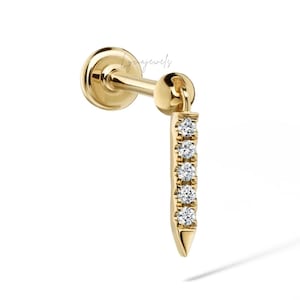 Brinco único com pingente flutuante em ouro maciço 14k com diamante cultivado em laboratório, estilo Eternity Bar, com rosca, da Erzsi Kennedy Sparkle.
