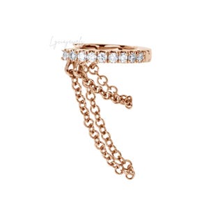 14k Solid Gold Eternity Helix Hoop Pave Labgrown Two Chain Dangle Earring Cartilage Piercing Conch Clicker Unique Jewelry Women Birthday