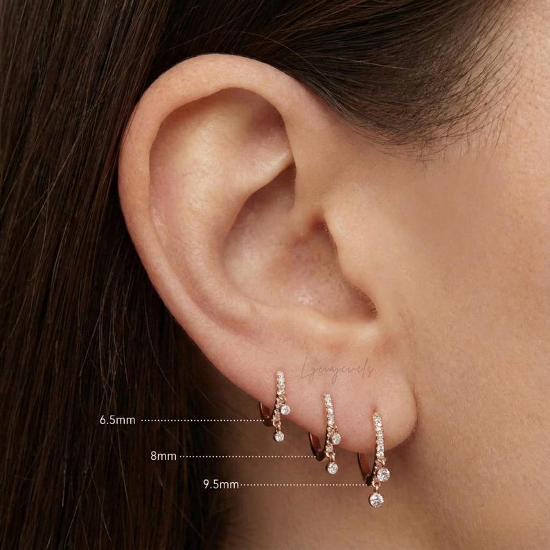 Double Dangle Eternity Labgrown Diamond Huggie Hoop Solid Gold Cartilage Earring Helix Tragus Drop Charm Jewelry for Gifting image 2