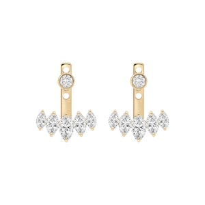 May include: A pair of gold ear jackets featuring a vertical bar with a round brilliant-cut stone at the top and a curved row of five marquise-cut stones at the base. The design includes two circular openings on the vertical bar for adjustable wear.