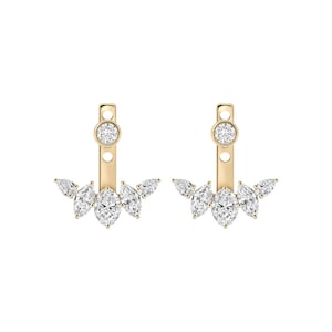 14K Solid Gold Marquise Diamond Ear Jacket Lotus Cluster Stud Earring Leaf Fan Bridal Jewelry Minimalist Front PushBack Gift for Women