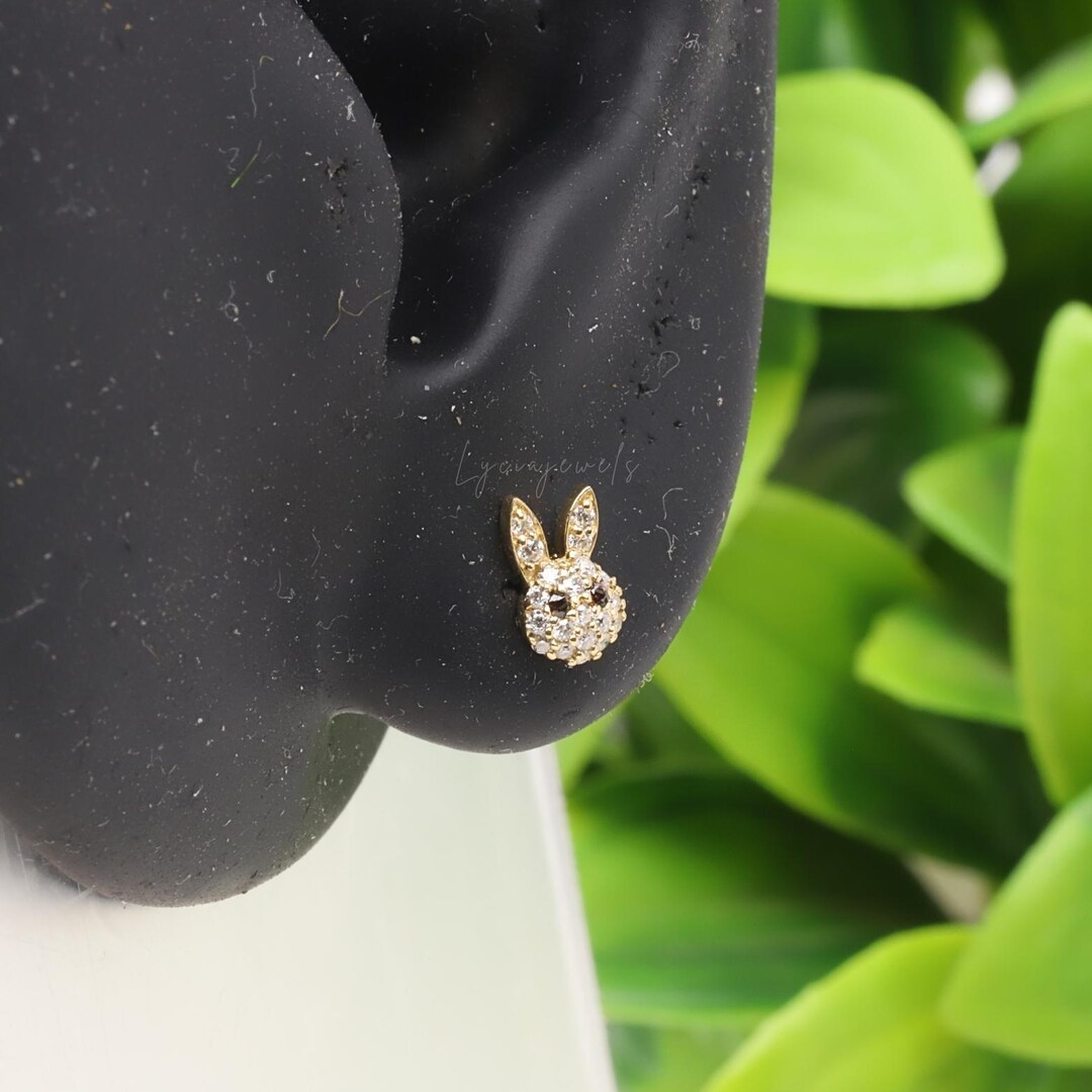 Rabbit Earring 14K Gold Bunny Stud, Lab Grown Diamond Rabbit Earring, Milgrain Helix ...