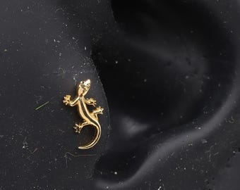Solid Gold Lizard Stud Earring Tiny Gecko Flatback Piercing Animal Jewelry Tragus Helix Conch Cartilage Reptile Minimalist Gift For Her