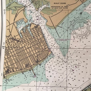 Atlantic City New Jersey Shore Nautical Map Graphique Original millésime 1983 Double Sided framable Coastal Wall Art Decor