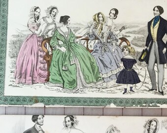 Antiguo victoriano moda Godey's imprimir lote de 2 Circa 1845 coloreado a mano ografía civil traje de guerra civil