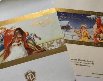 Vintage Navidad Etiquetas de Chocolate Lote de 2 - circa 1960's Santa Milk Chocolate bar wrapper Oro Letras en relieve