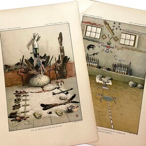 Könnte beinhalten: Zwei Vintage-Drucke aus dem Twenty-Third Annual Report des Bureau of American Ethnology. Die Drucke zeigen farbenfrohe Illustrationen indianischer Artefakte und Wanddekorationen mit detaillierten Darstellungen zeremonieller Objekte und Symbole.