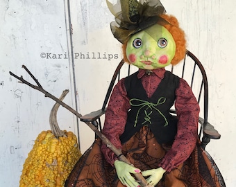 Halloween Witch Art Doll de Kari Phillips OOAK hecho a mano "Jessamy" muñeca bruja - firmado original- con derechos de autor