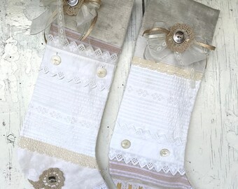 Invierno blanco Vintage & antiguo bordado encaje Patchwork Navidad media, uno de un tipo Farmhouse Navidad